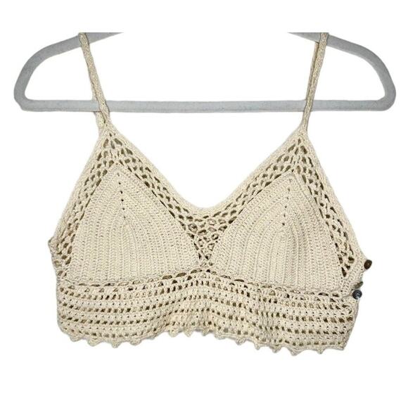 Urban Outfitters Cream Tan Crochet Spaghetti Strap Bralette Side Buttons Medium - Picture 1 of 10